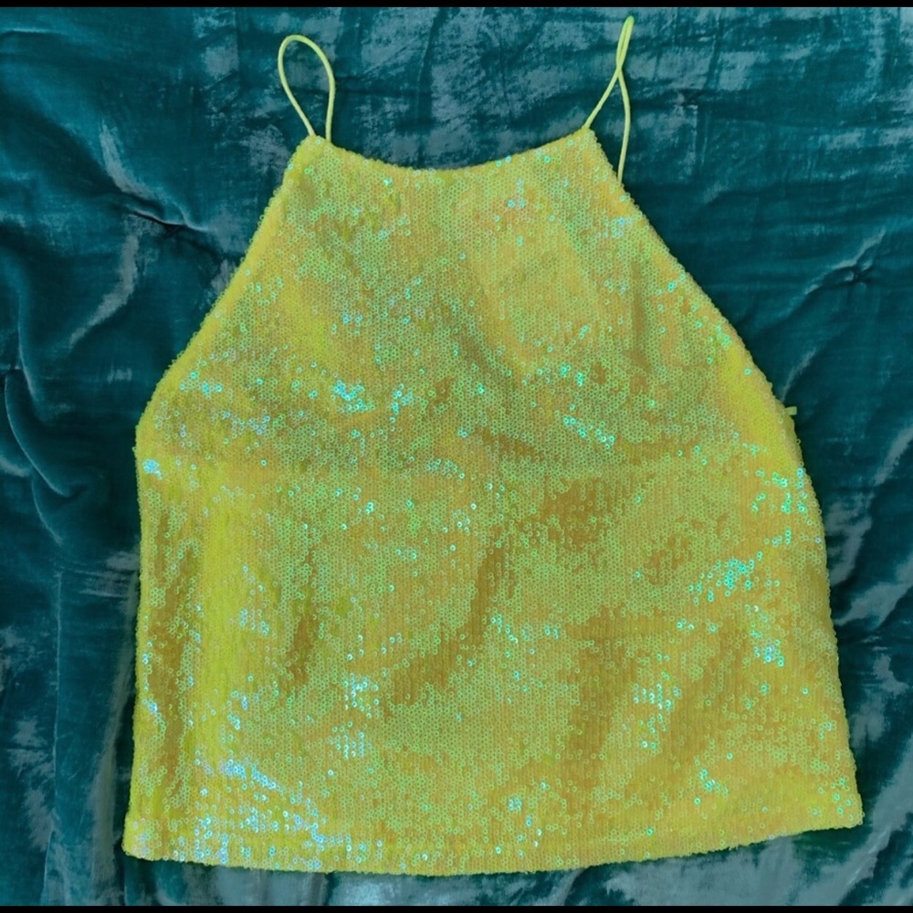 ZARA Neon Yellow sequin high neck tank